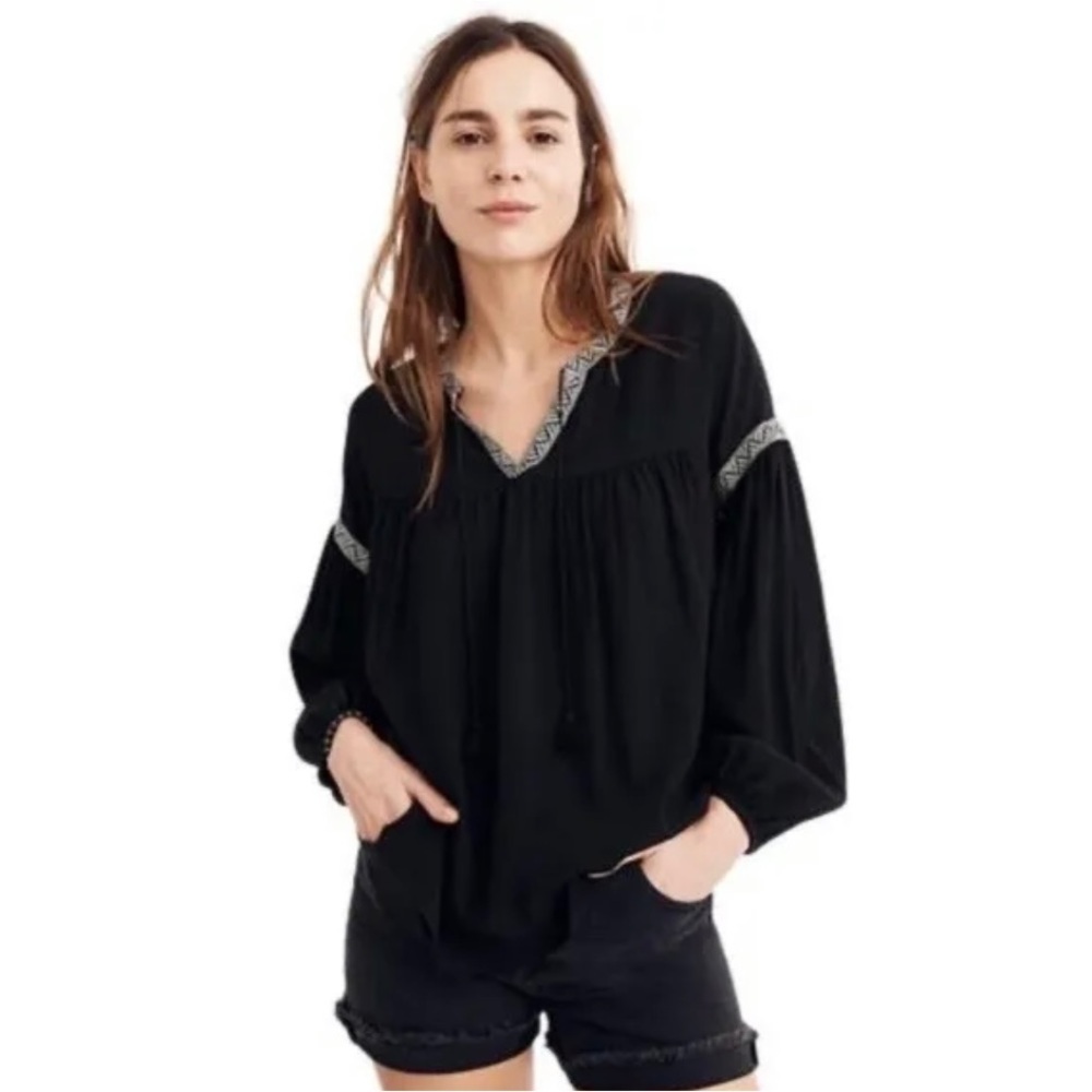 Madewell Black Embroidered Woven Blouson Sleeve Peasant Top Size S
